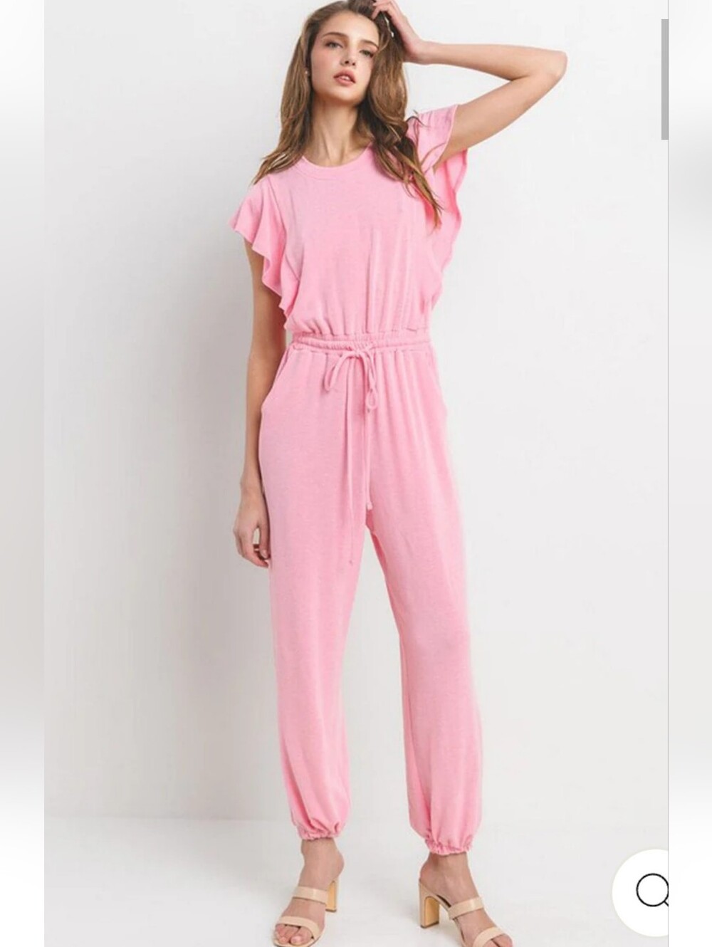 Ces Femme Short Sleeve Ruffle Elastic Waist Front Pockets Jogger Jumpsuit
